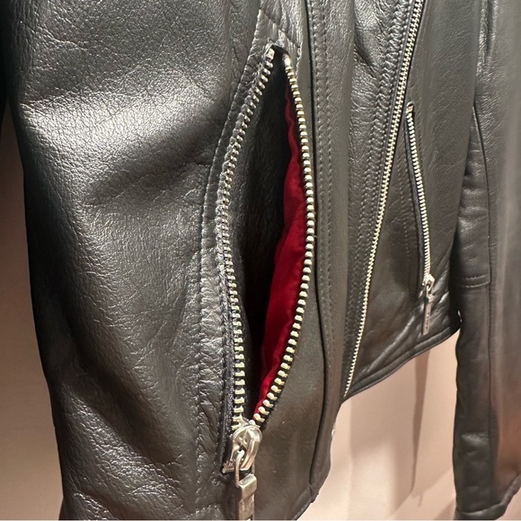 RALPH Ralph Lauren Genuine Leather Black Moto Jacket Quilted Red Lining Medium - Picture 11 of 16